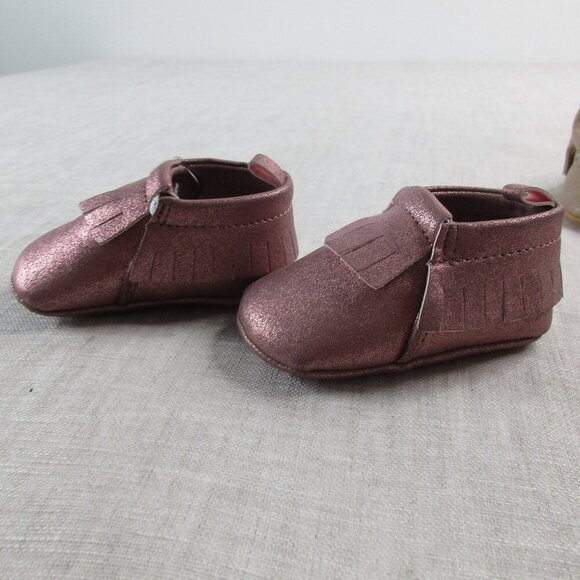 Lot of 2 Baby Girl Moccasins Pink Fringe & Tan Bow Soft Sole Crib Shoes Size 0-3 - Picture 3 of 11